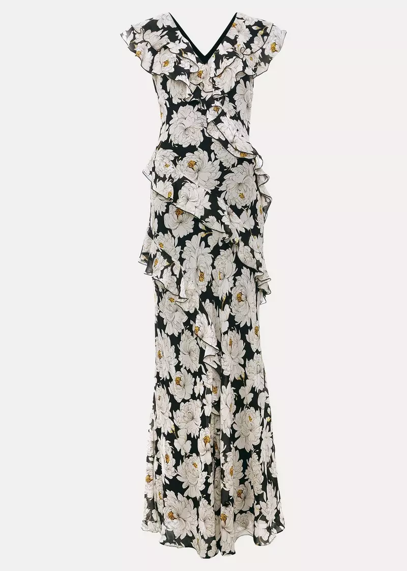 Eva Black/White Floral Ruffle Maxi